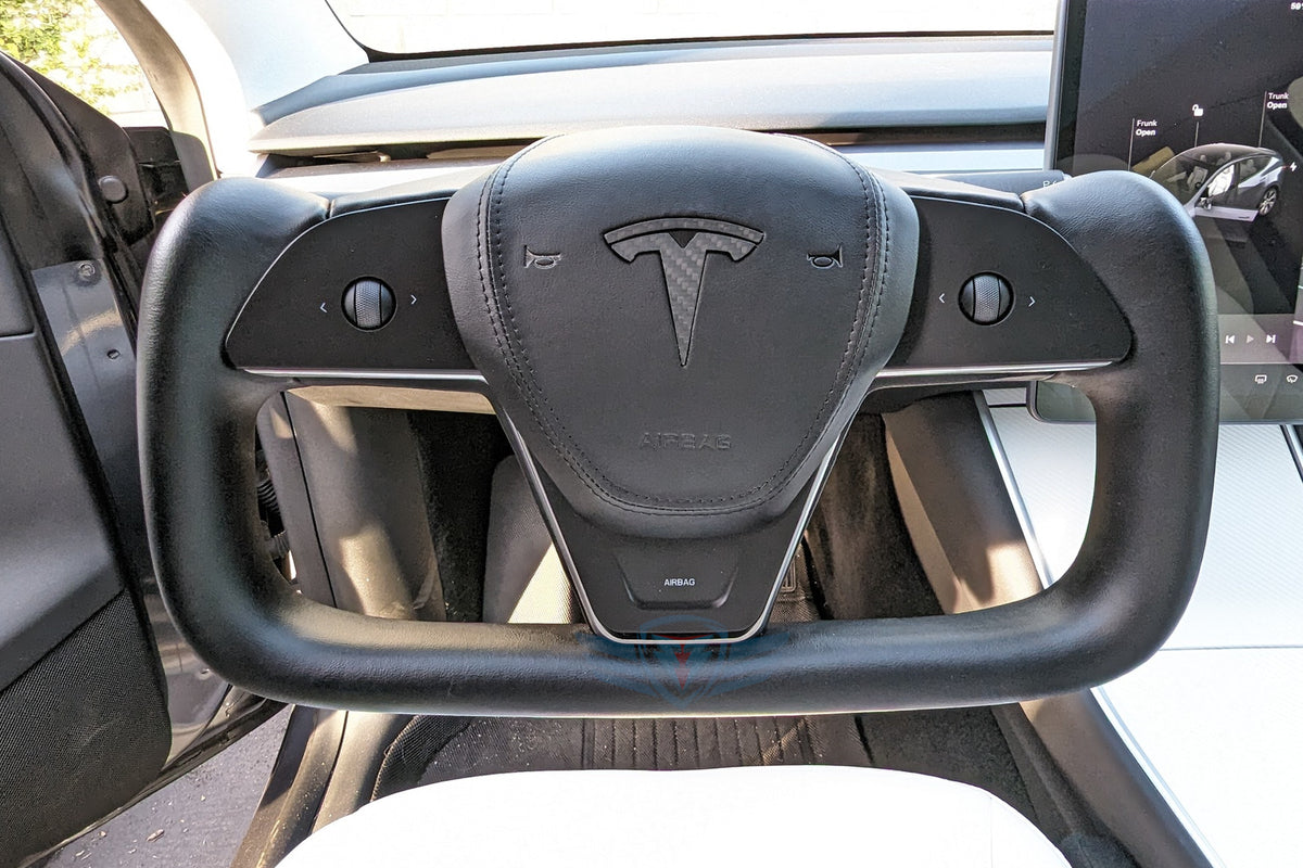 Tesla Model 3 / Y Upgraded Steering Yoke (Latest Version) - Black Nappa Airbag Cover with Carbon